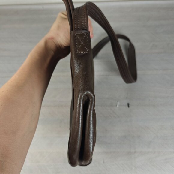 Vintage 60s Brown Genuine Leather Shoulder Bag Asymmetrical Boho Hippie - Picture 7 of 11